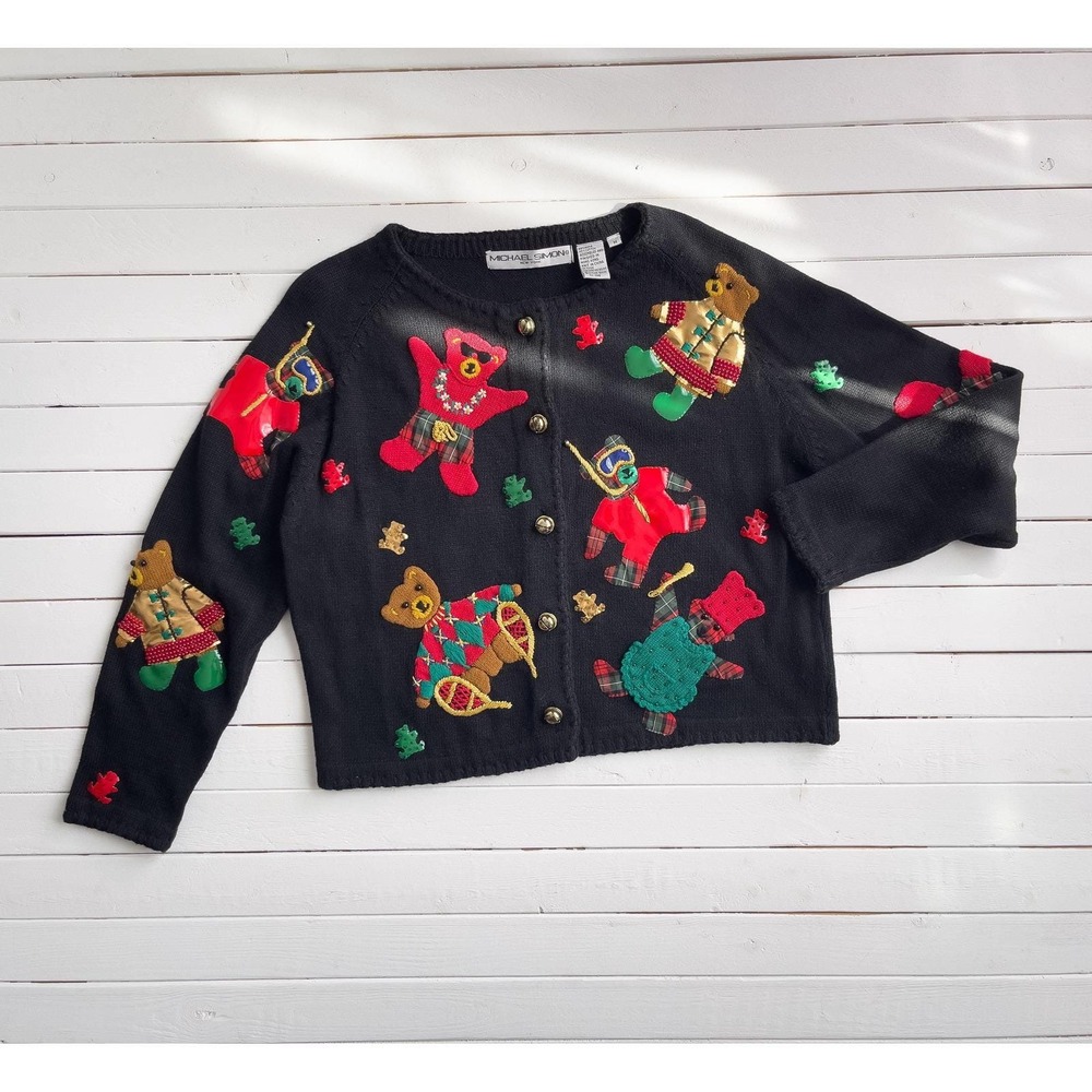 vtg‎ Michael Simon teddy bear costumes embroidered black cardigan sweater